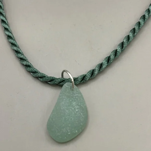 Green Sea Glass Necklace with Braided Cord - Picture 1 of 5